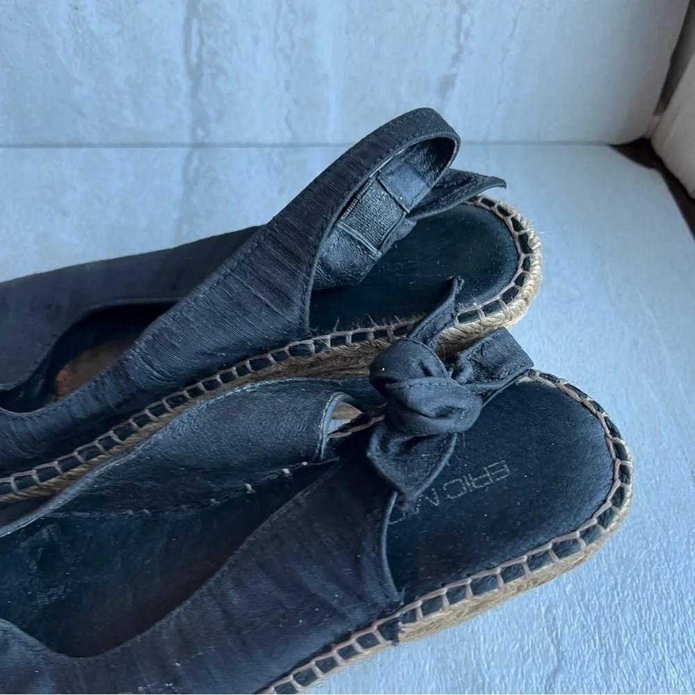 ** ERIC MICHAEL black Suede Espadrille Wedge Sandals 37 tie back